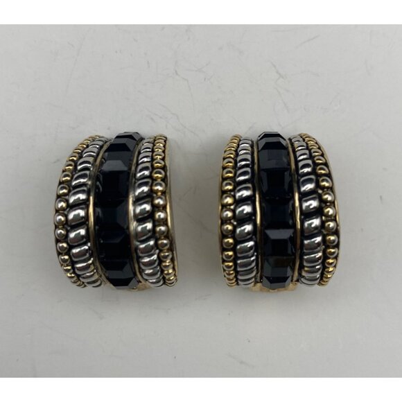 Vintage Clip-On Earrings Hoop Two Tone Black Faceted Glass Statement Chunky - Picture 3 of 10